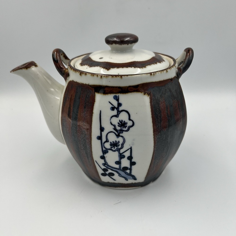 Vintage‎ 1970's Japanese Porcelain Teapot Brown Hand Painted Blue Plum Blossom